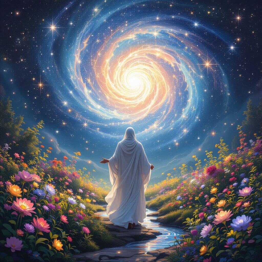 Celestial Ascent: Luminous Figure in Starry Vortex