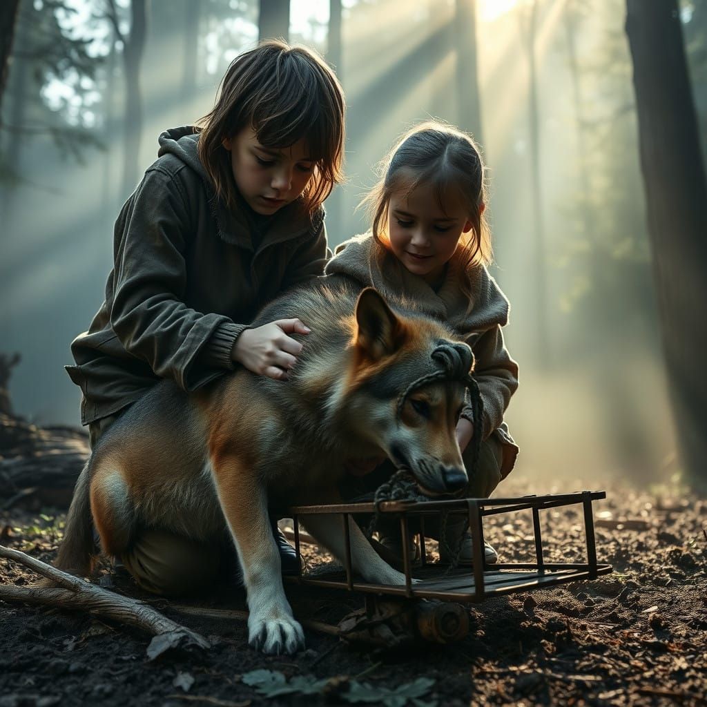 Moonlit Rescue: Boy and Girl Free Trapped Wolf in Mystical F...