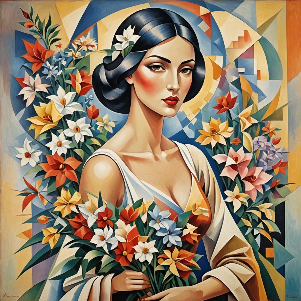 Abstract Cubist Woman with Flowers Portrait