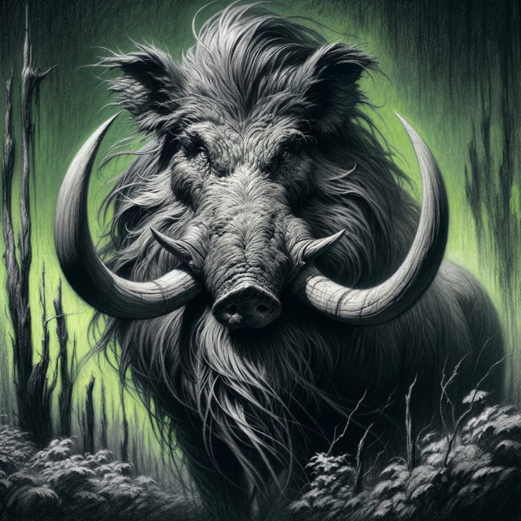 Fierce Boar Wildgod in Charcoal Drawing