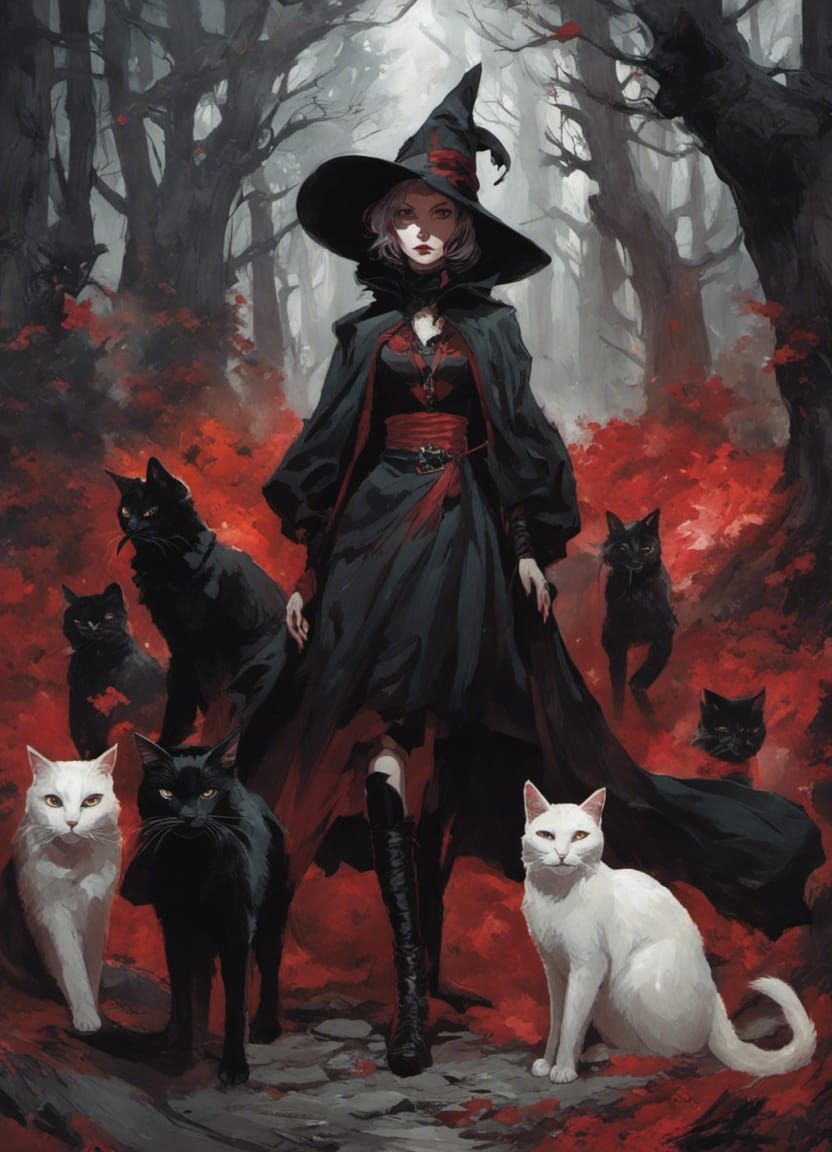 Wandering Witch Surrounded by Cats in Dark Forest