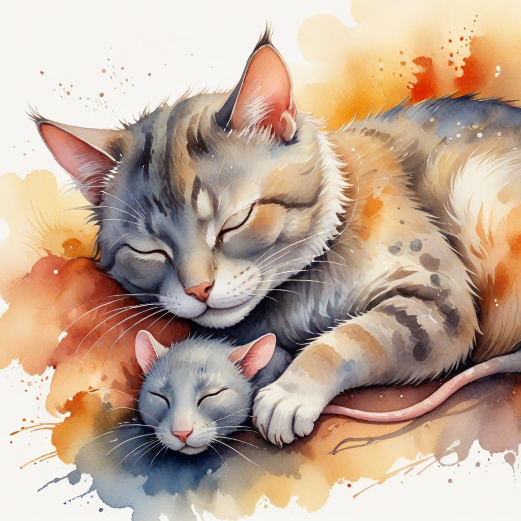 Whimsical Watercolor of Cat Sleeping With Rat