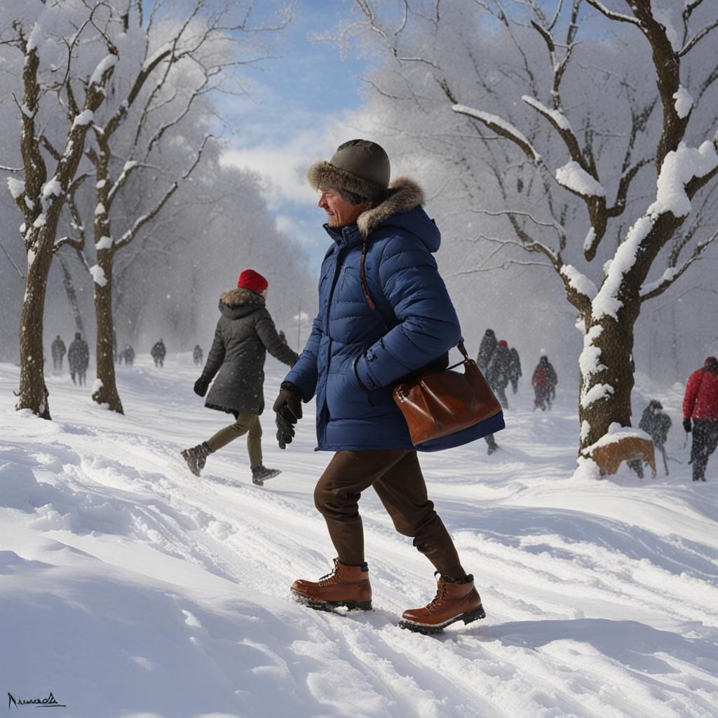 Otters Trekking in Snow with Shoe on Head