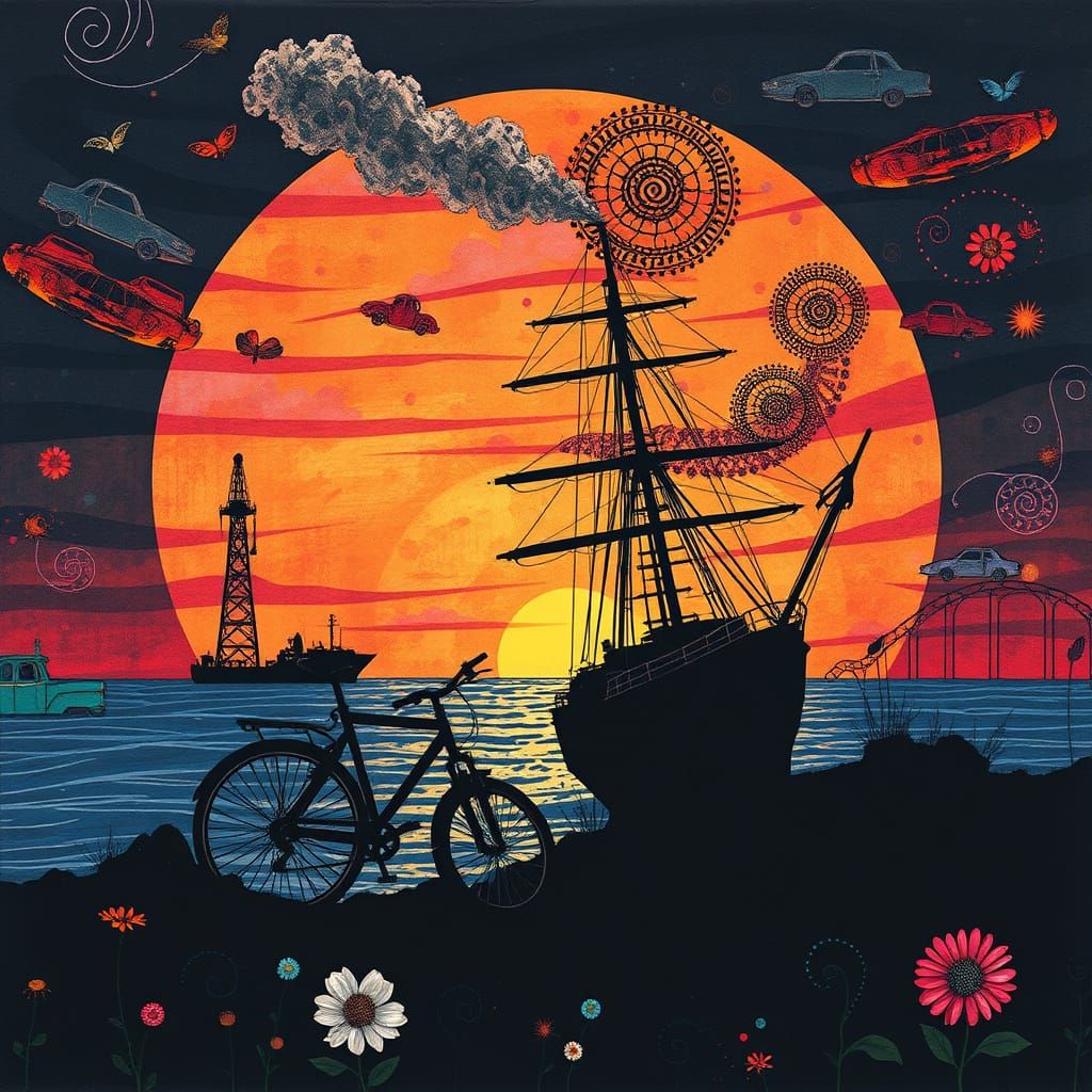 Surreal Bicycles Amidst Rusty Ruin in Vibrant, Abstract Art