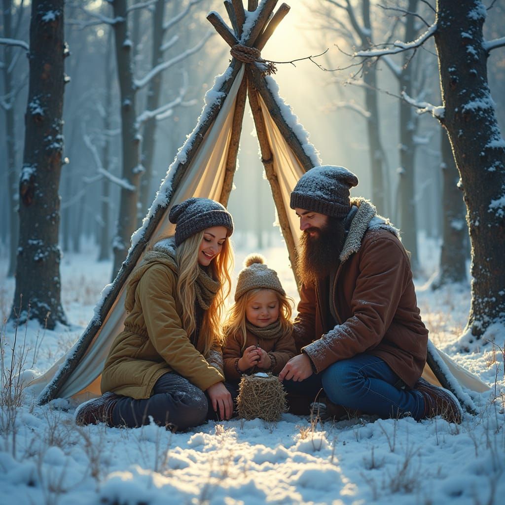 Family Teepee in Serene Snowy Forest