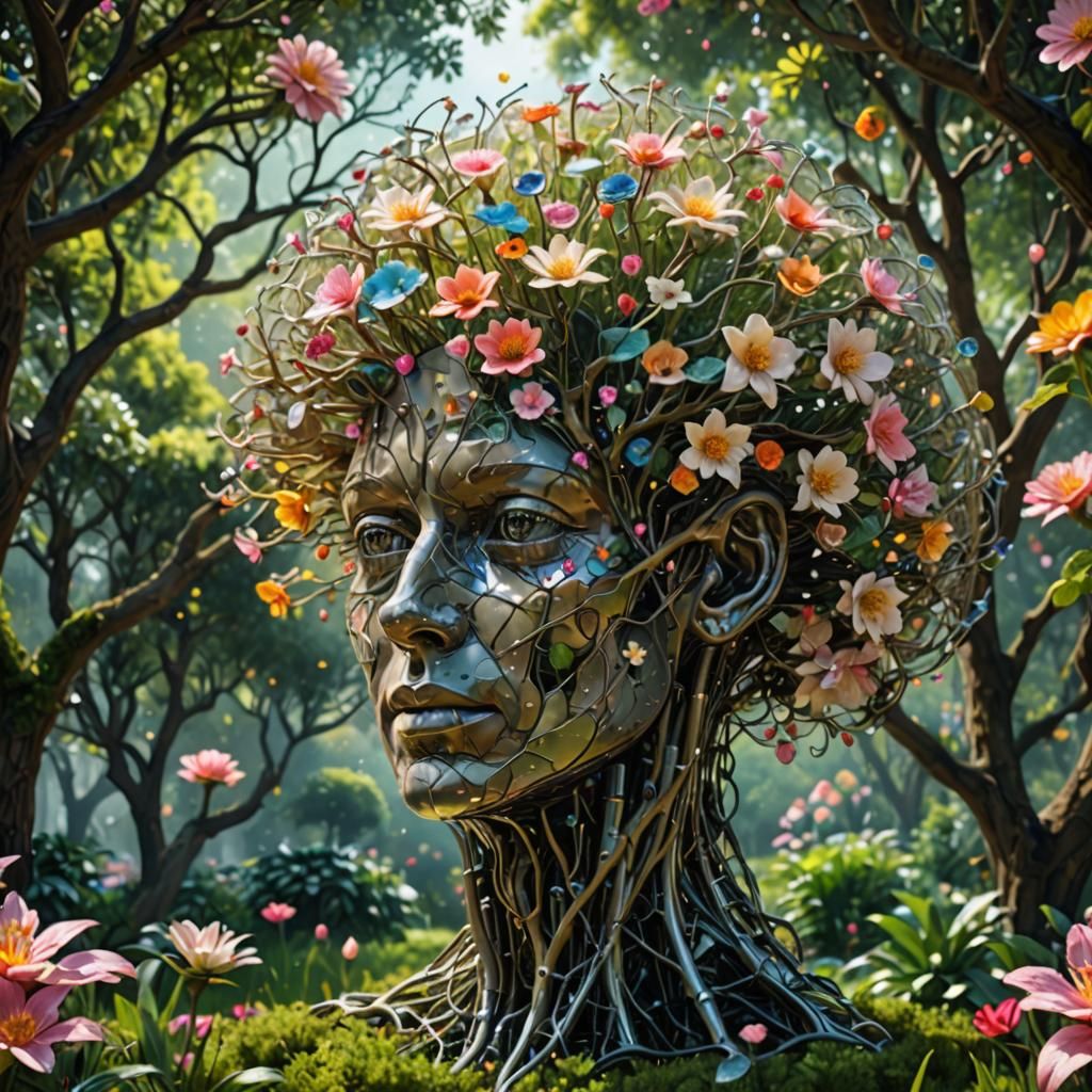 Neural Garden: AI Brain with Flowers in Bloom