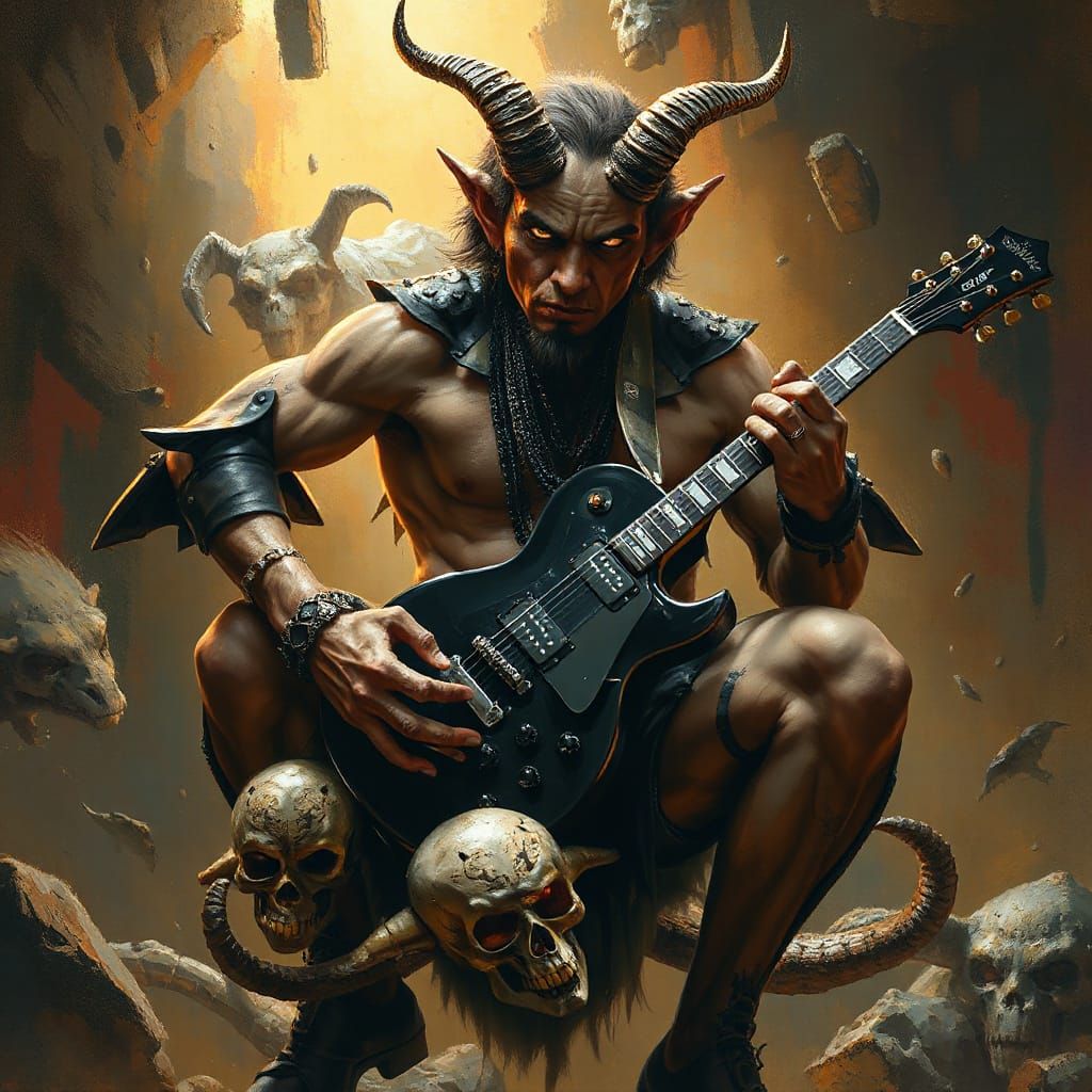 Demon Musician with Skull Guitar in Painterly Concept Art