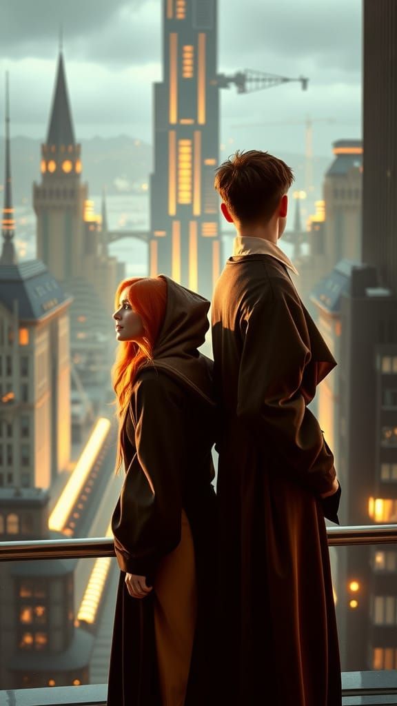 Harry Potter and Ginny Weasley in a Futuristic City