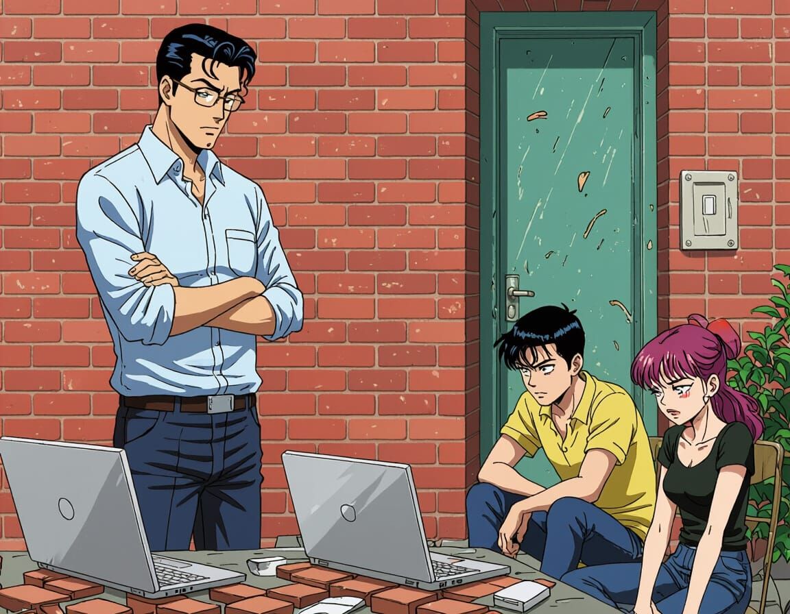 Manga-Style Scene: Jay Assesses Bricked Laptop
