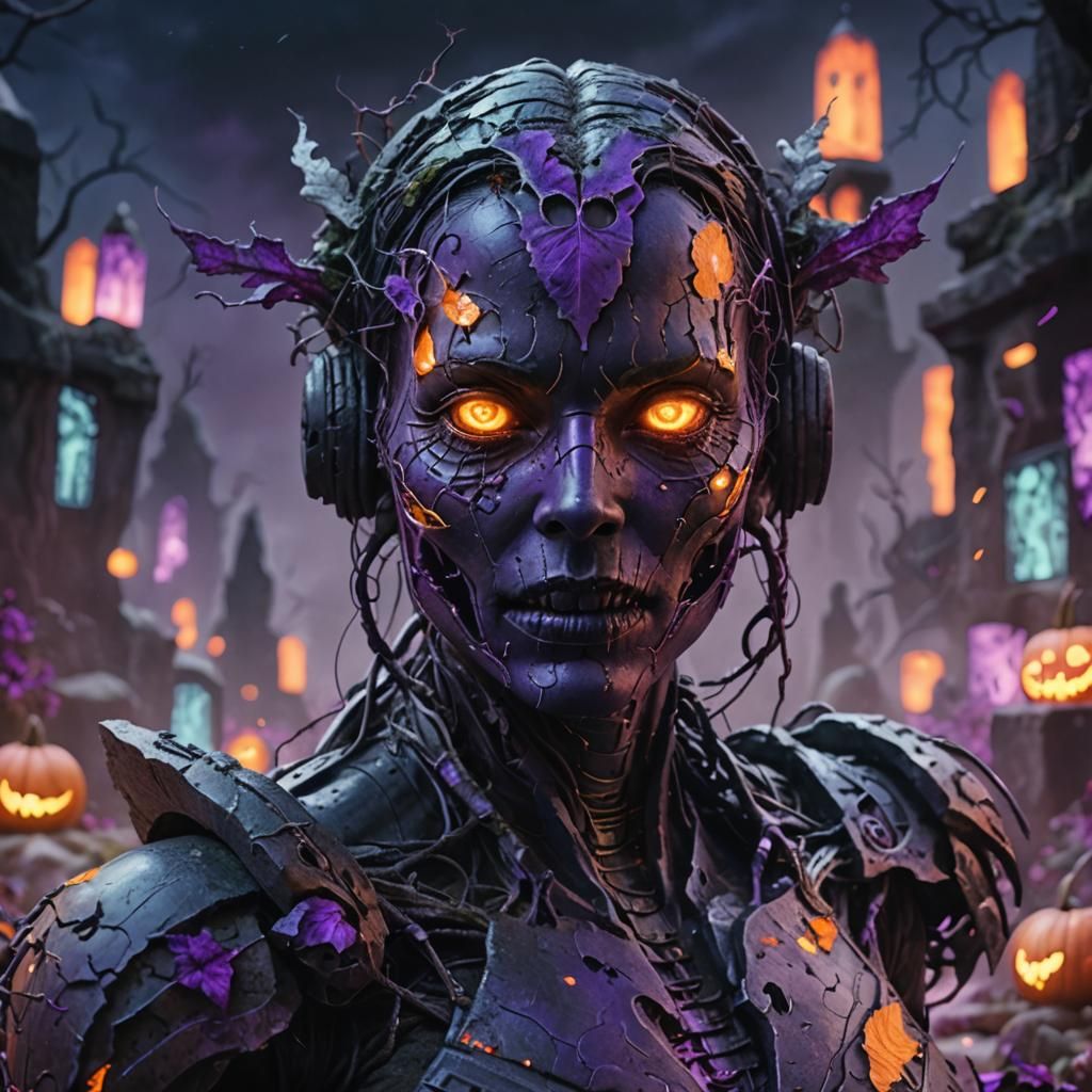 Cybernetic Pumpkin Woman in Graveyard: Fantasy Art