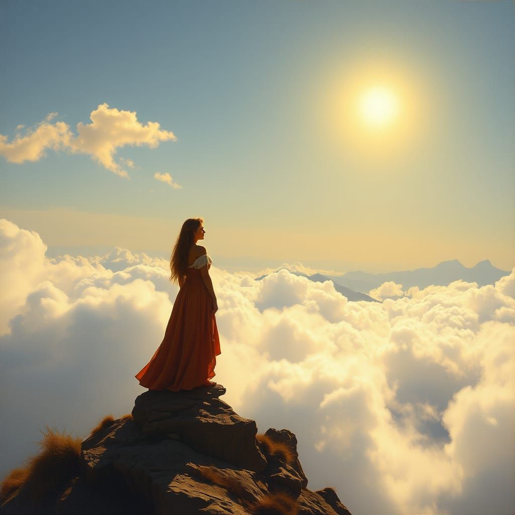 Serene Woman on Mountaintop in Romantic Style