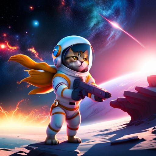 Cat Astronaut's Epic Space Battle in 3D Digital Art