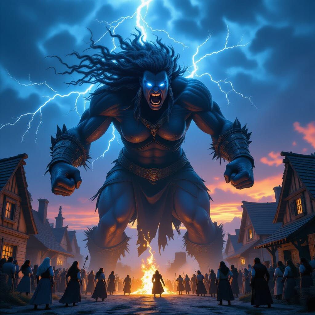 Enraged Storm Giant Dominates Fearful Villagers at Dusk