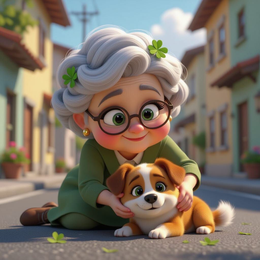 Grandma Cares for Injured Dog in Pixar Style