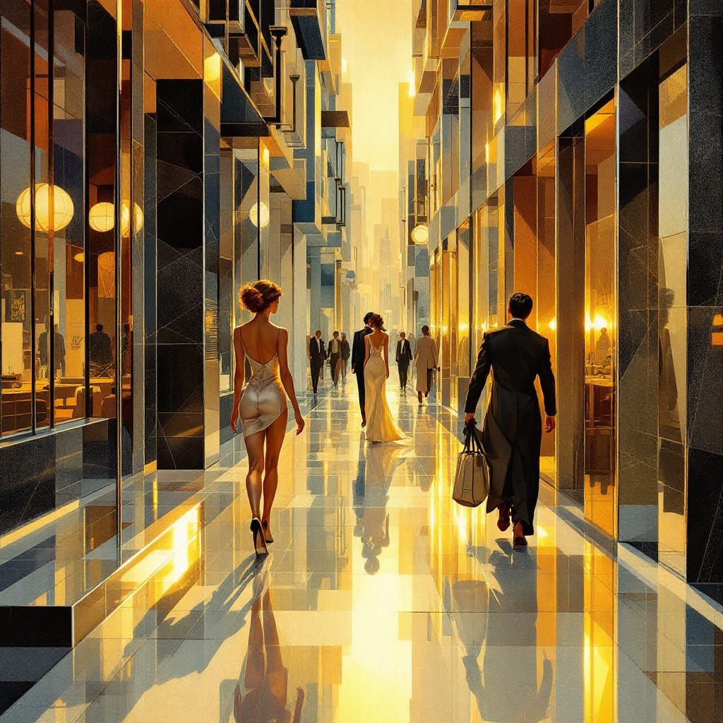 Art Deco Street Scene with Geometric Color Planes