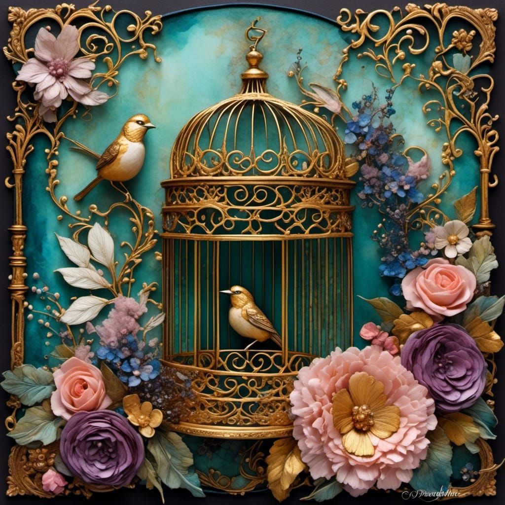 Romantic Mixed Media Collage with Birdcage and Flowers