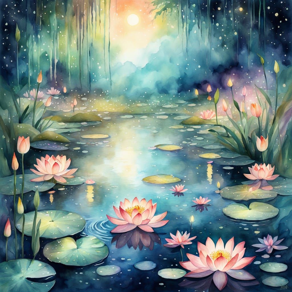 Whimsical Watercolor Lotus Pond Scene