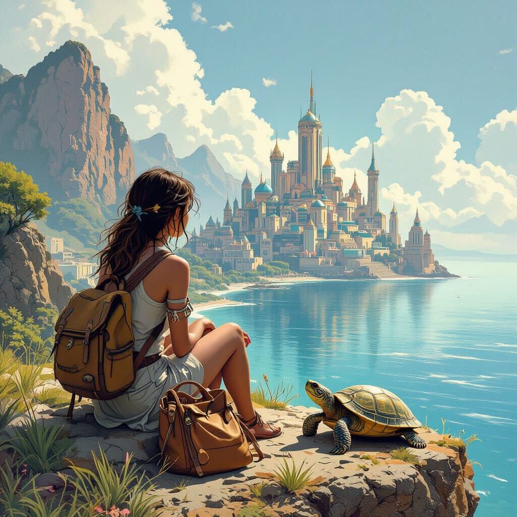 Woman Gazing at Atlantis with Turtle, Gurney Style