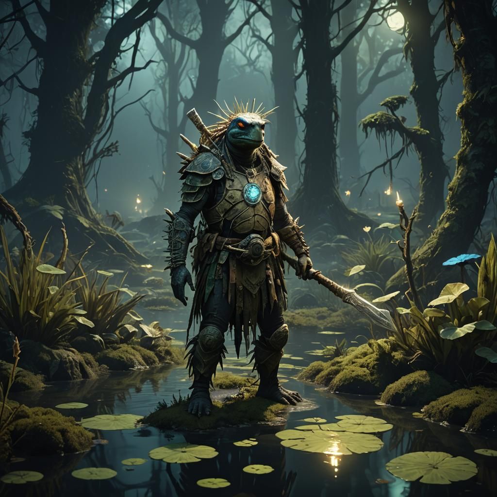 Tortle Shaman in Bioluminescent Swamp, Detailed Matte Painti...