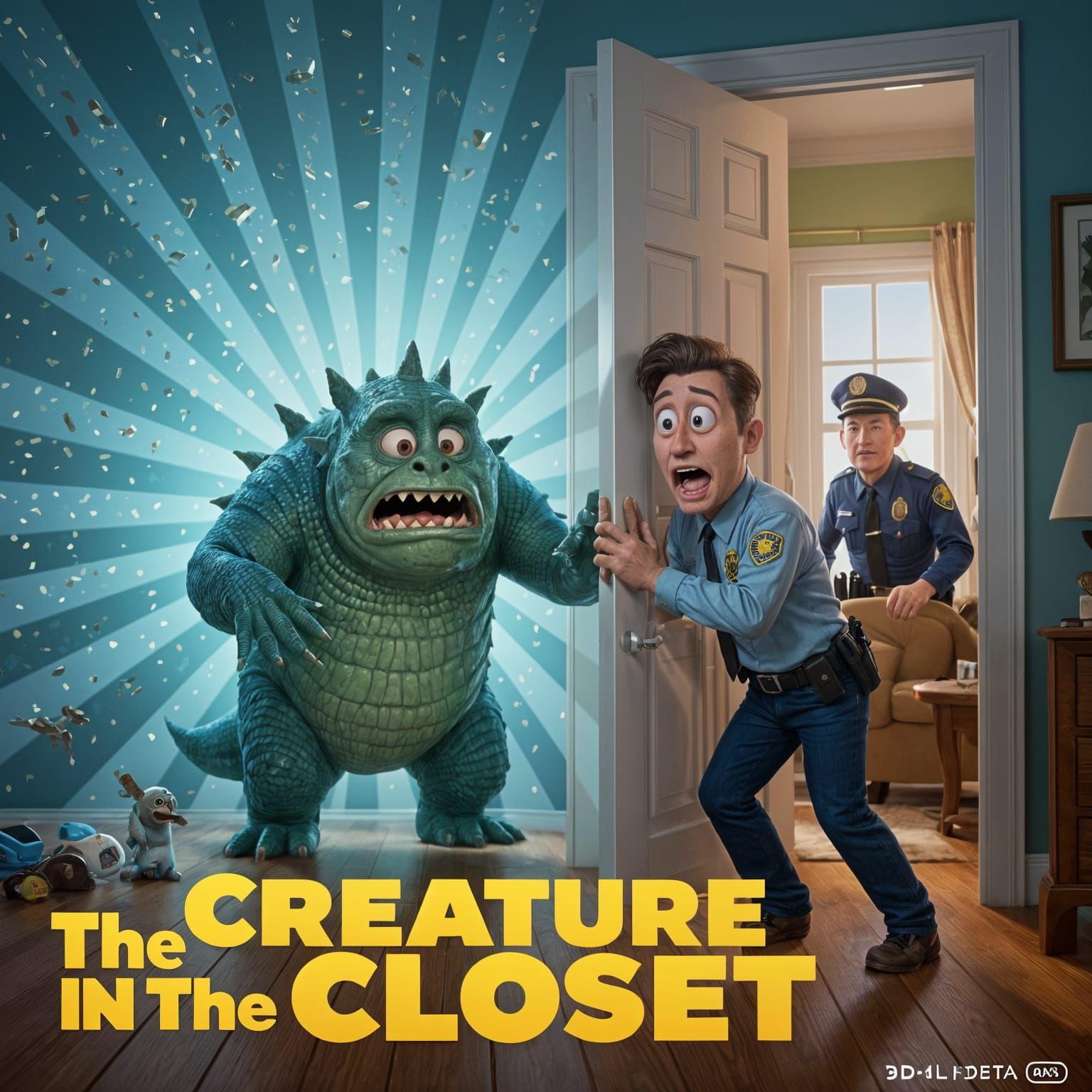 Frightened Man Cornered by Scaly Monster Behind Closet Door