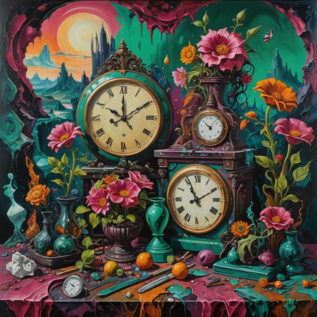 Surreal Still Life with Melting Clocks, Fauvist Oil Painting