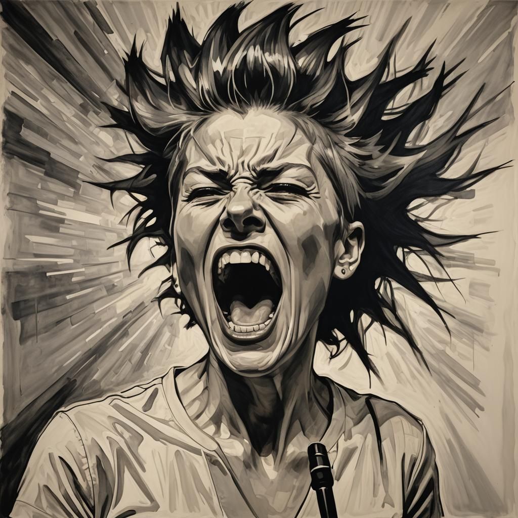 Woman Screaming Into Microphone in Hypermodern Style