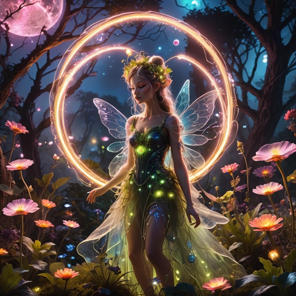 Neon Fairy Tending a Garden on a Distant Planet