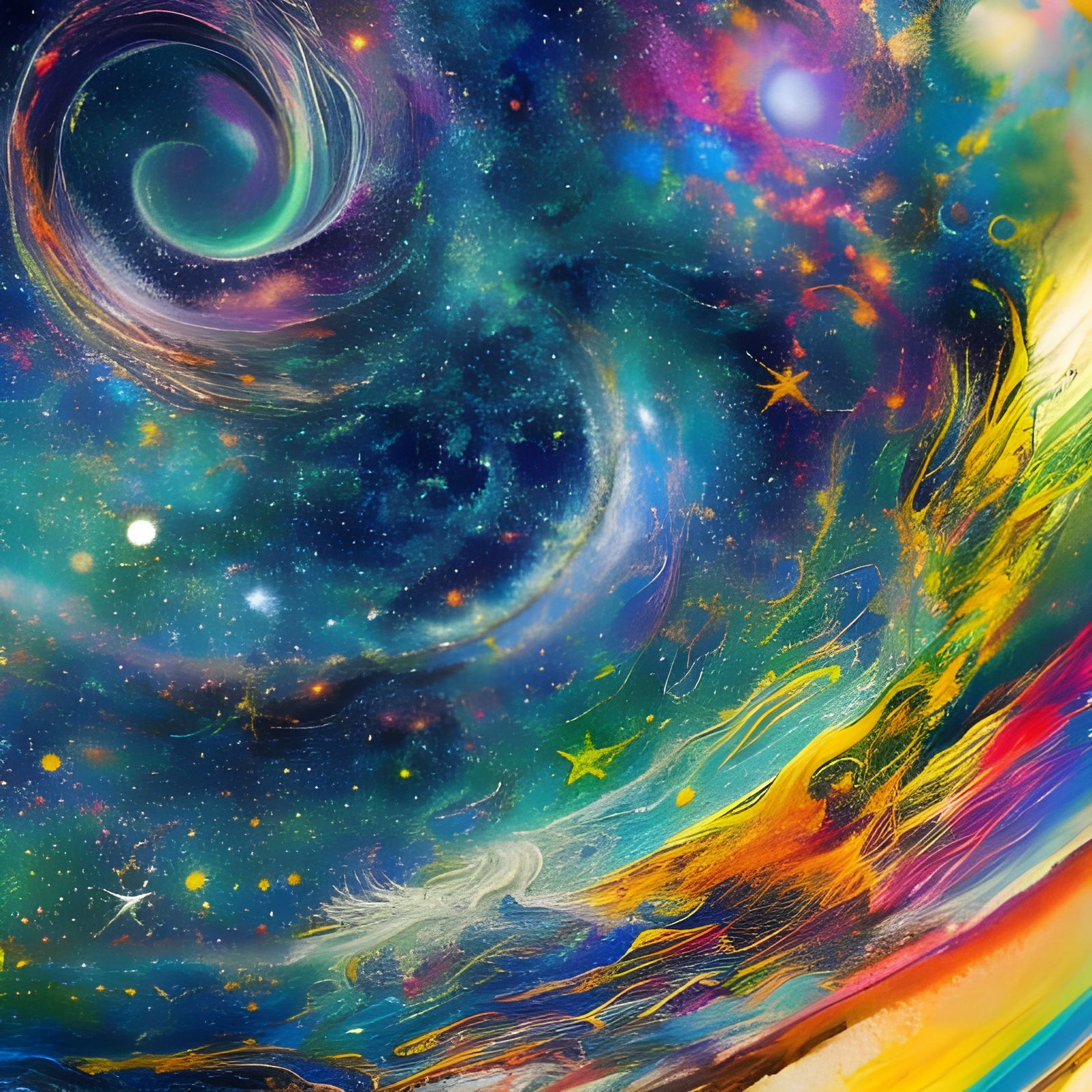 Cosmic Rainbow Starburst: Fluid Gouache Photoillustration