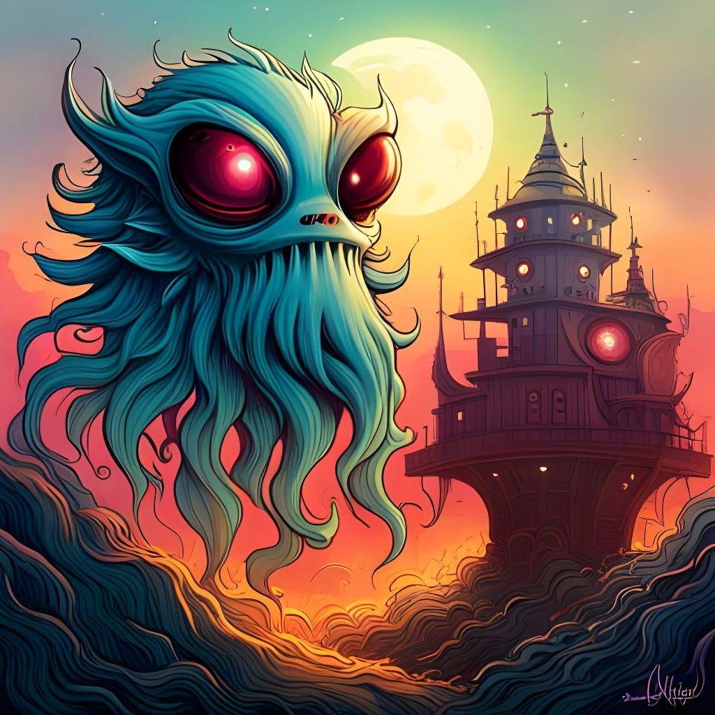 Bizarre Alien and UFO in Psychedelic Surrealism