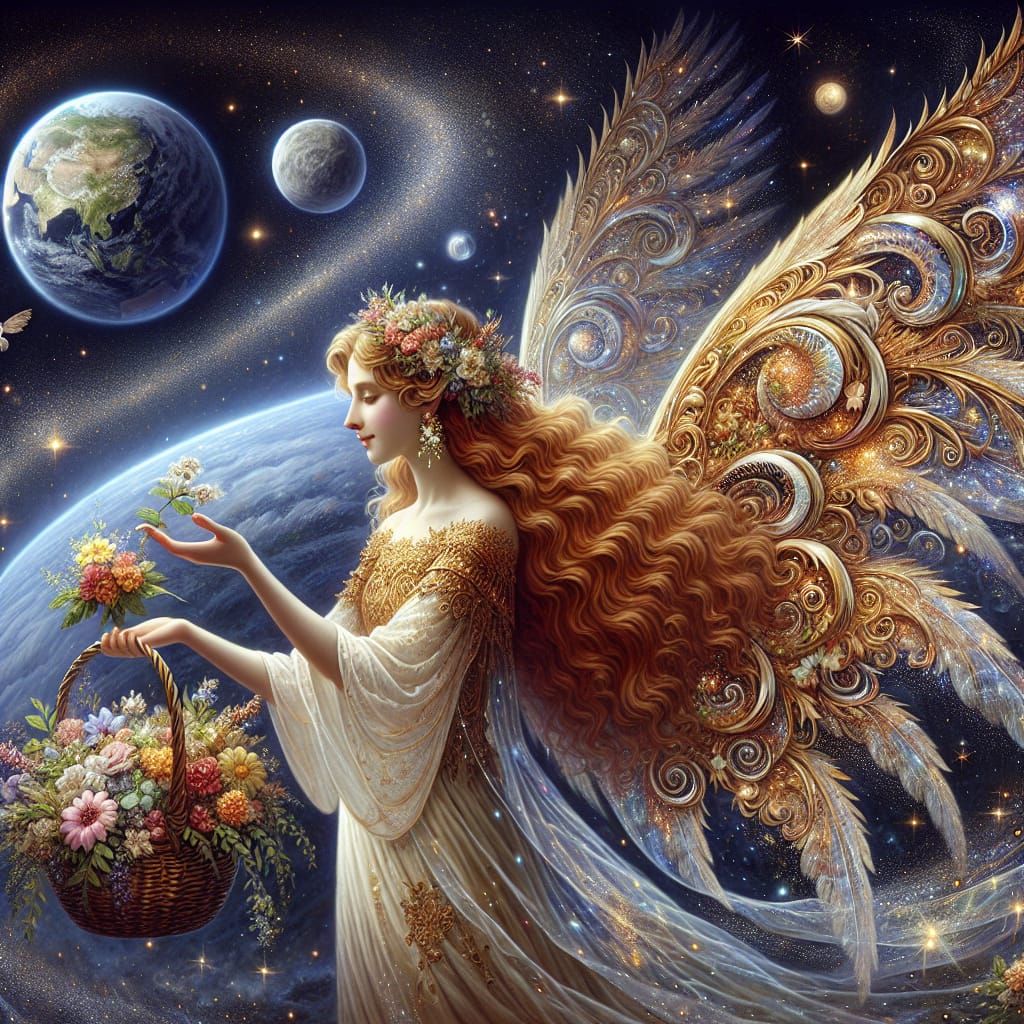 Angel Sprinkles Flowers on Earth in Oil Painting Style