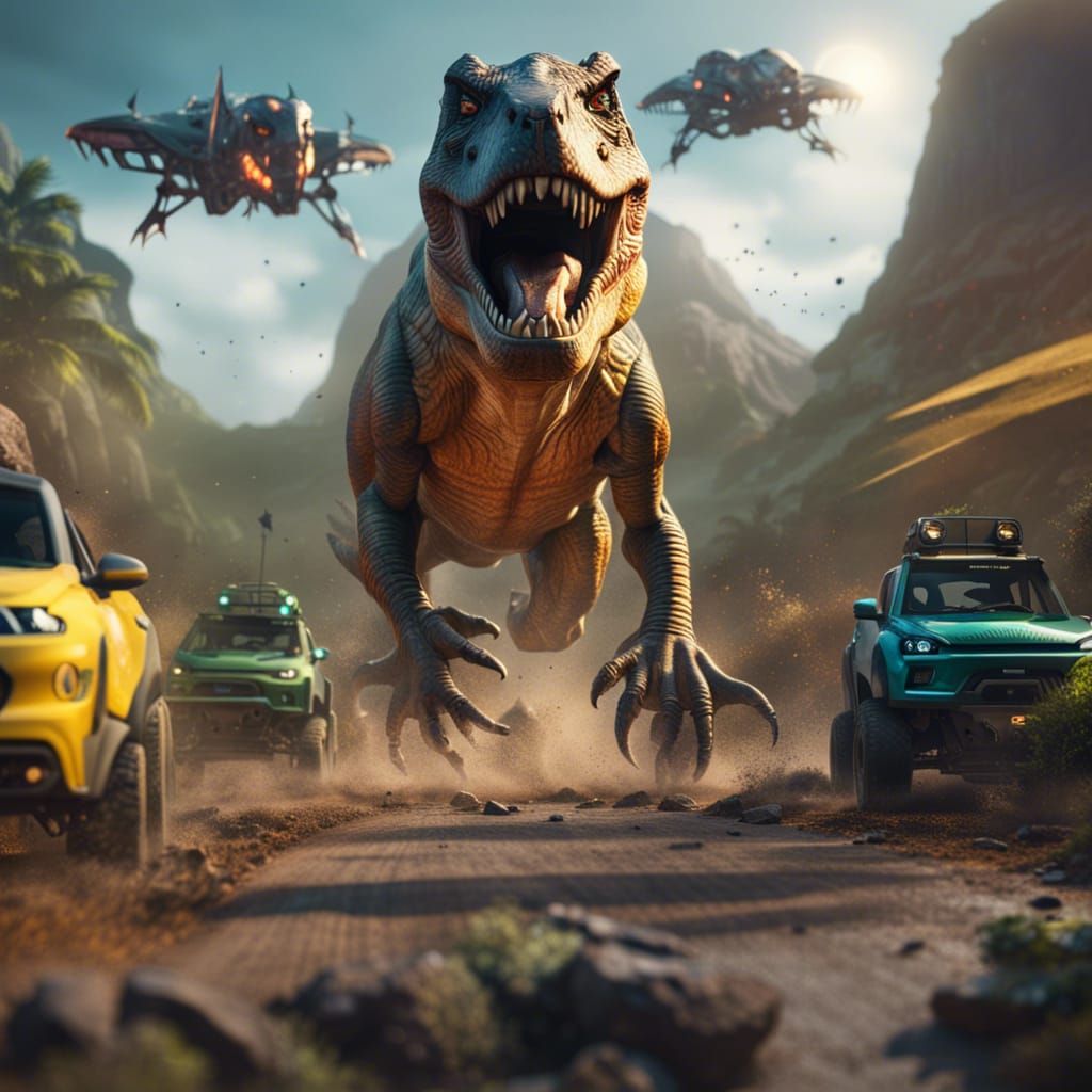 T-Rex Chasing RC Cars in Detailed Matte Painting