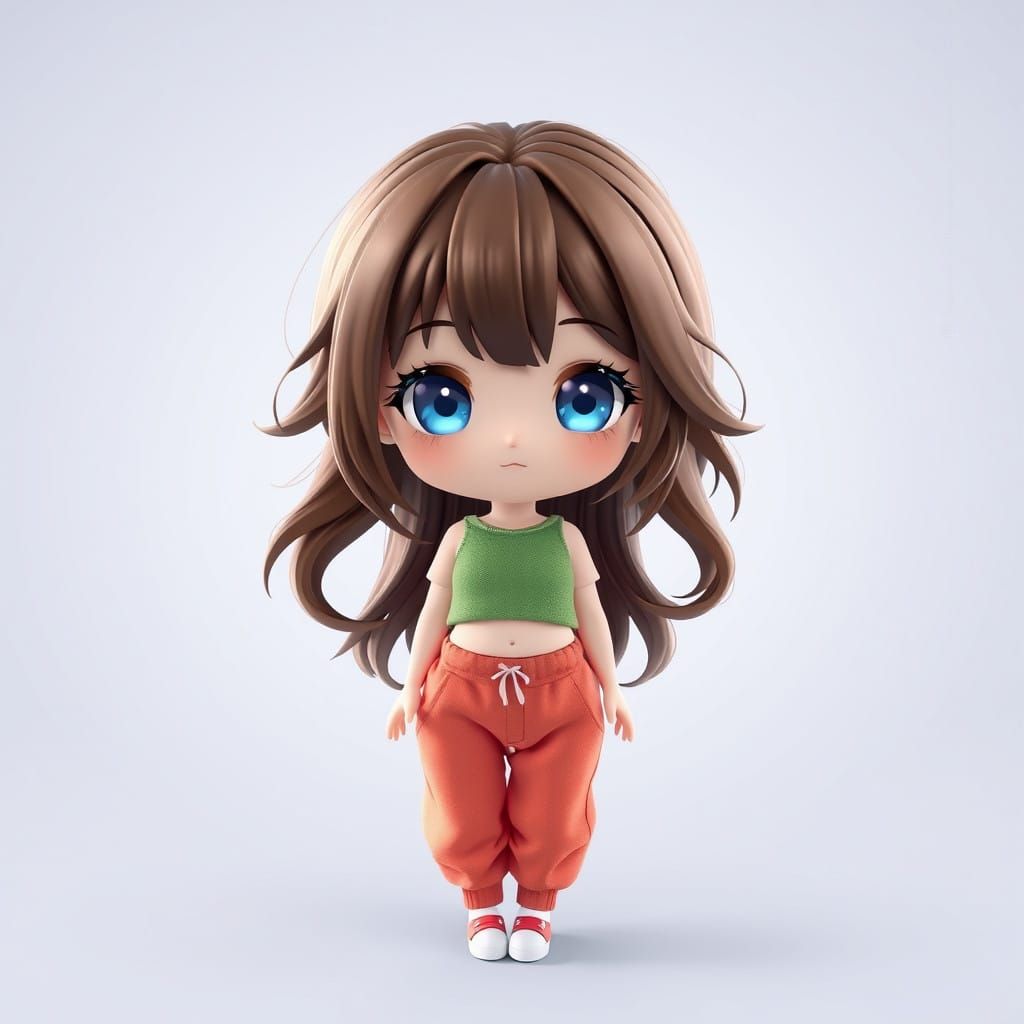 Stylized Anime Chibi Doll Girl with Vibrant Attire