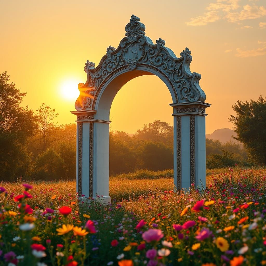 Majestic Marble Archway in Field of Wildflowers