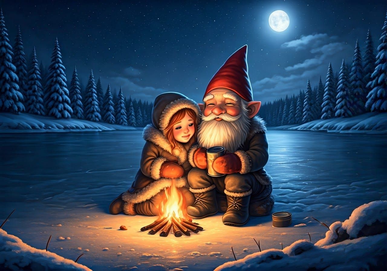 Gnome and Fairy Share Cozy Winter Moment