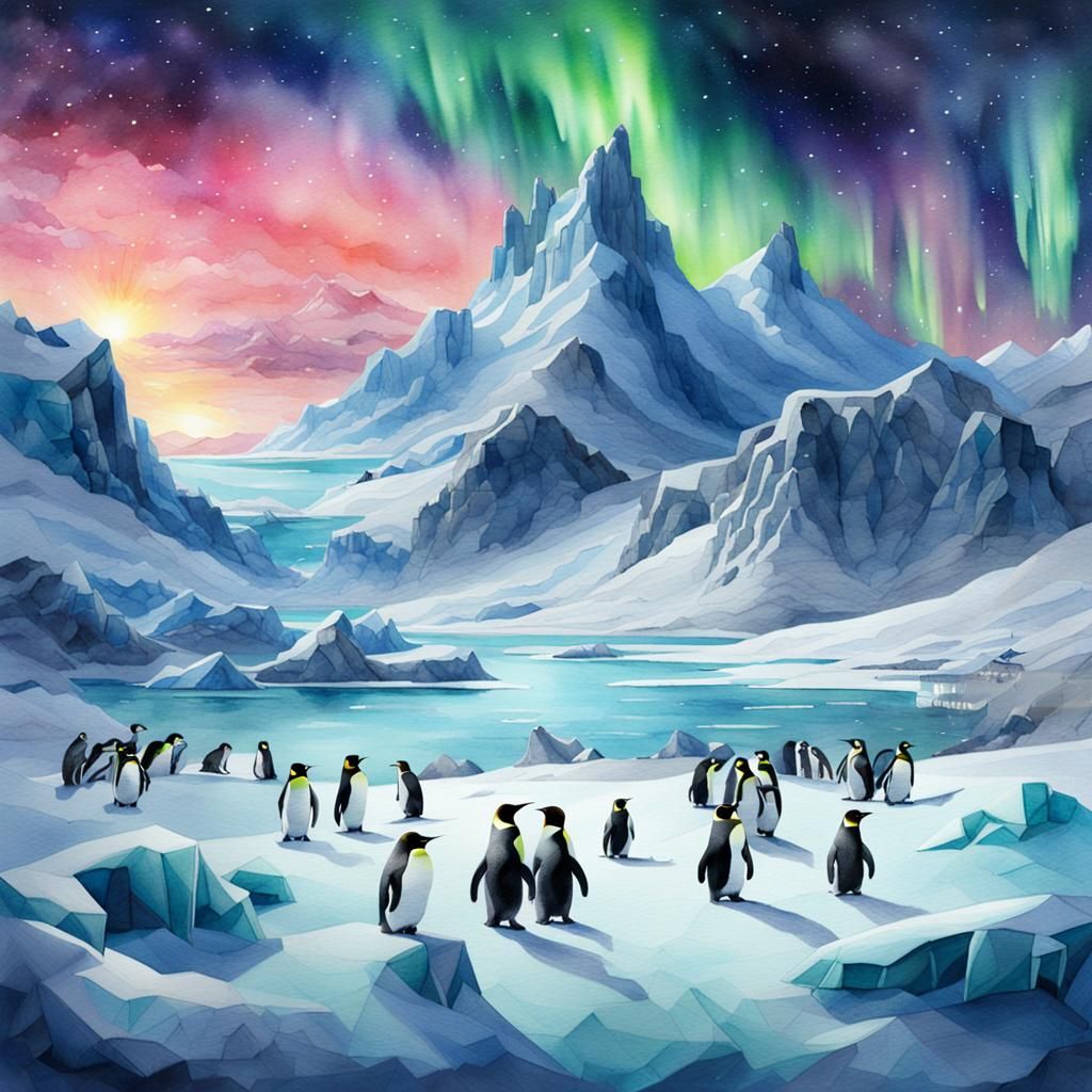 Watercolor Tundra Landscape with Aurora Borealis