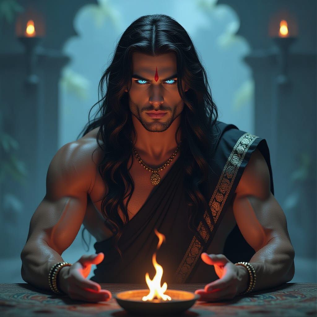 Muscle Man in Saree Performing Voodoo Ritual with Blue Eyes