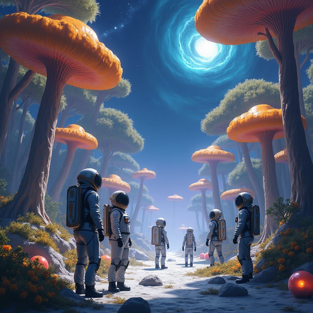 Astronauts Discovering a Forest on the Moon