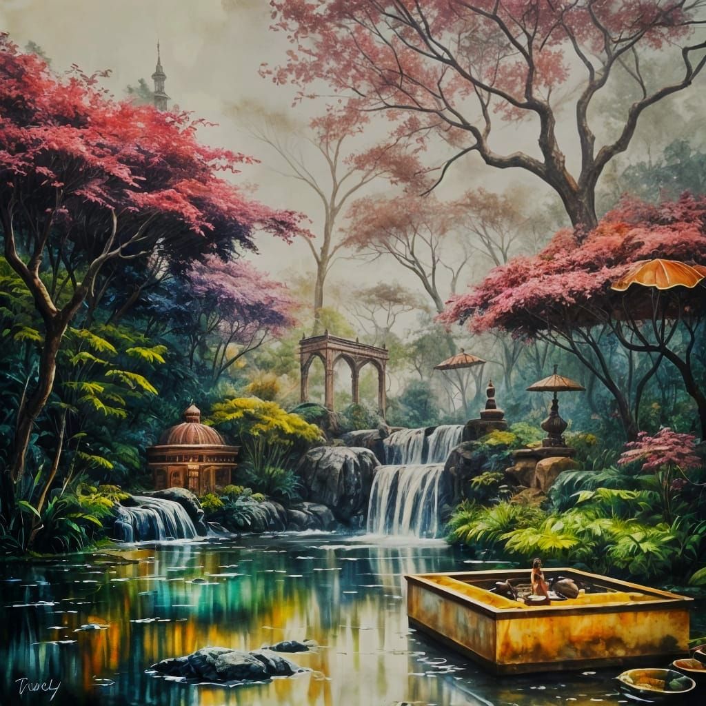 Enchanted Mughal Garden in Ink Wash Style