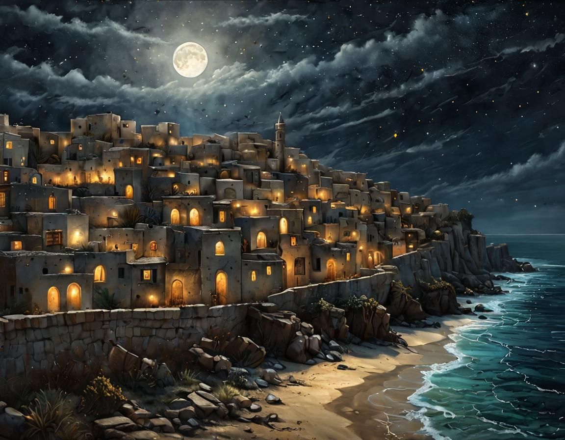 Mediterranean Town Coastline in Acrylic Painting Style