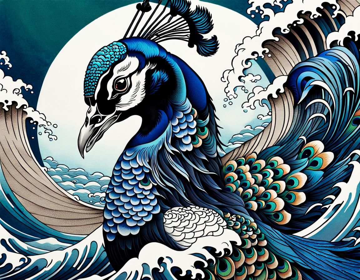 Peacock with Wave in Japanese Ukiyo-e Style