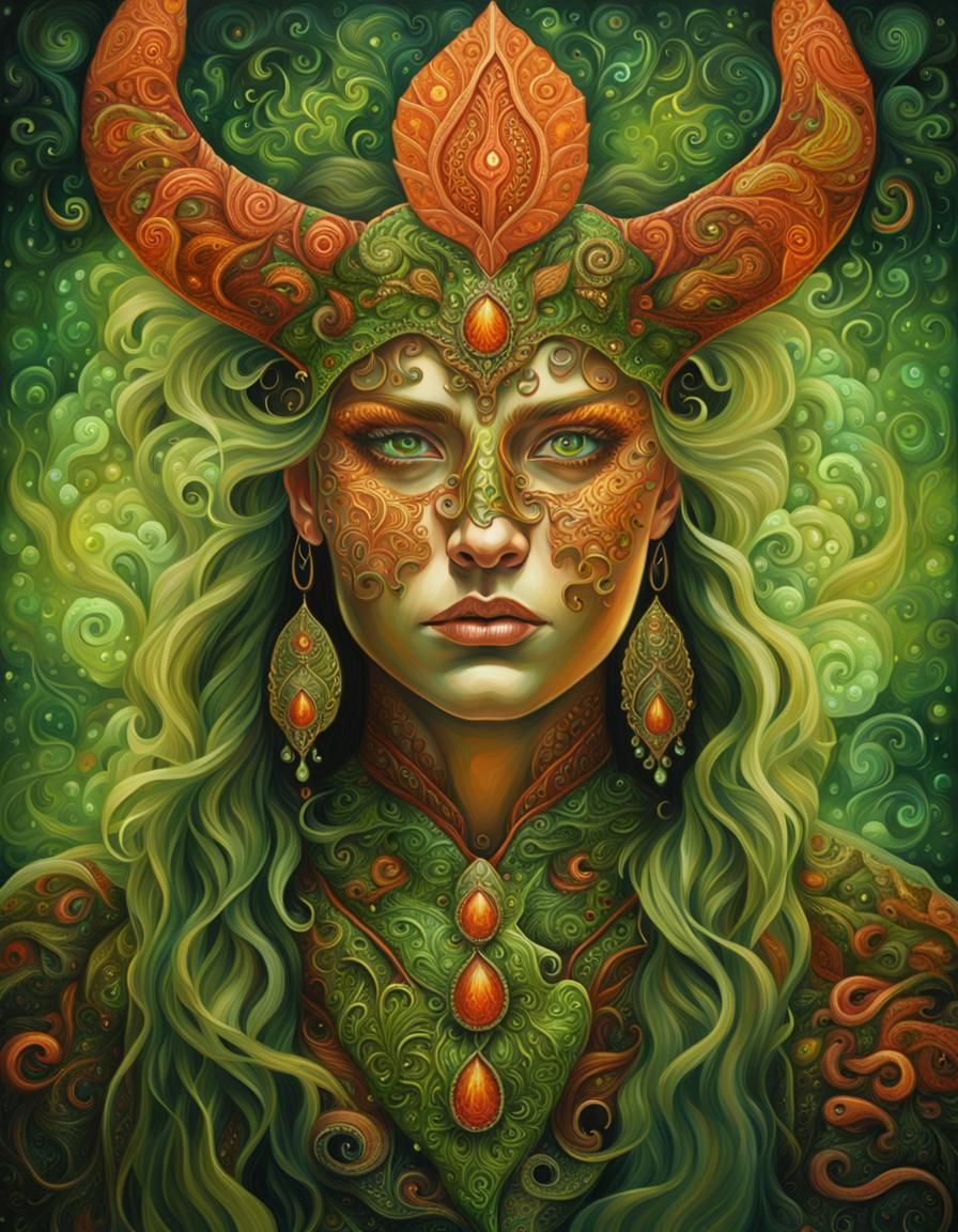 Mystic Viking Princess Greenman Portrait in Oil