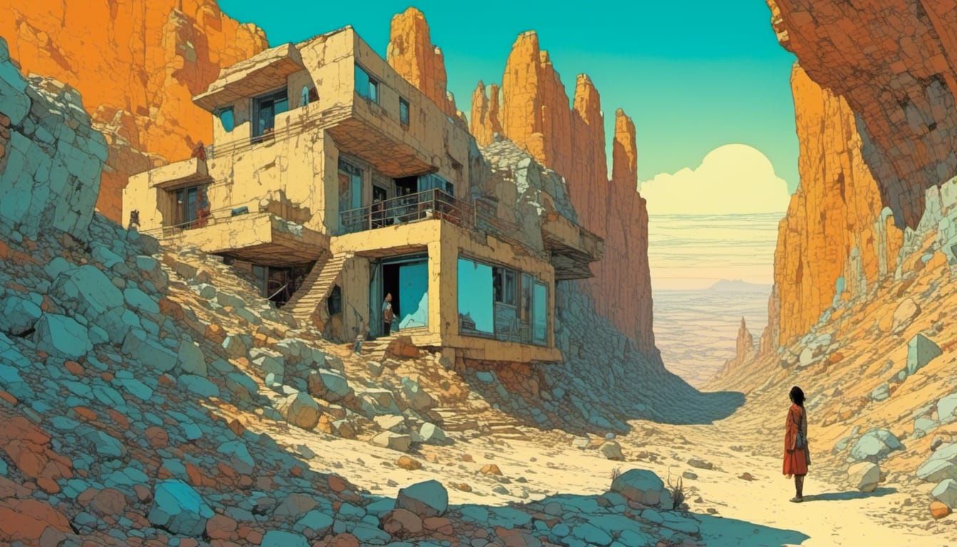 Moro Girl on Veranda in Desert Valley, Digital Art