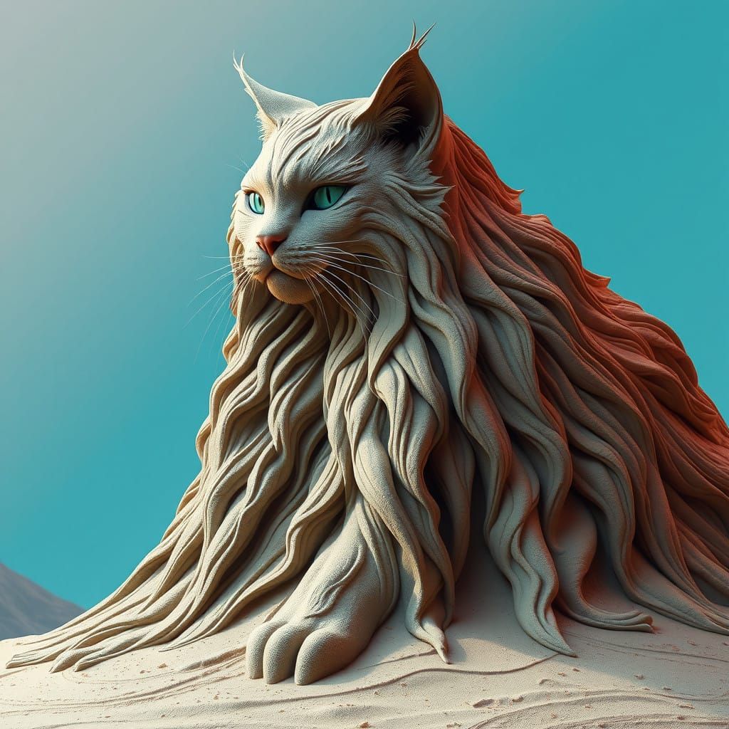 Ethereal Maine Coon Goddess in Vibrant Sand Sculpture