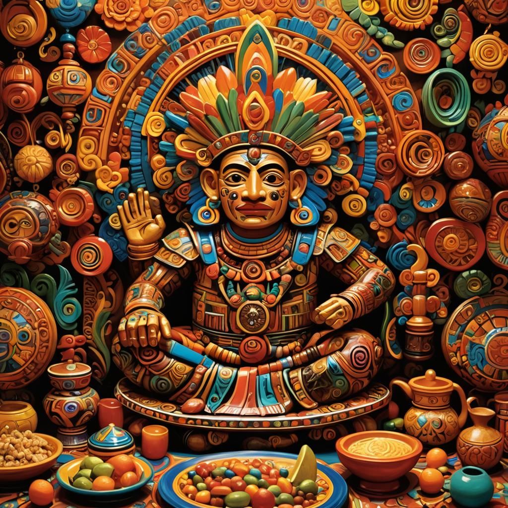 Aztec God of Gluttony in Mexican Folk Art Style