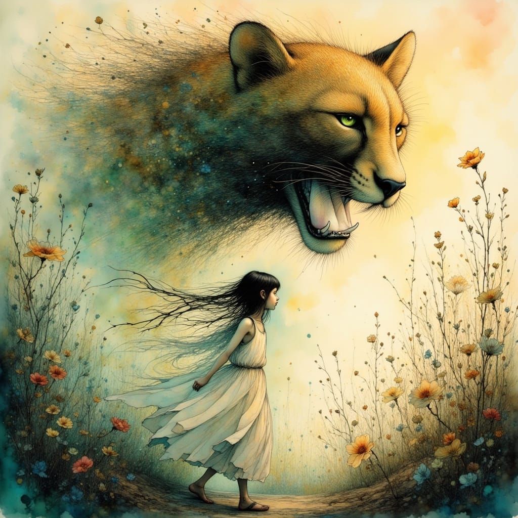 Girl with Cheetah Silhouette in Dramatic Landscape