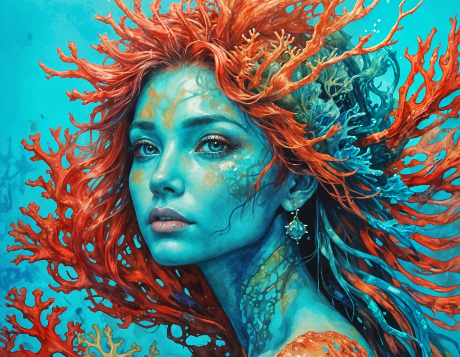 Mermaid Portrait with Coral Hair in Acrylic Style