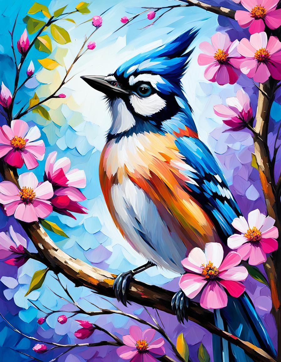 Blue Jay in Floral Tree, Neo-Impressionist Oil Painting