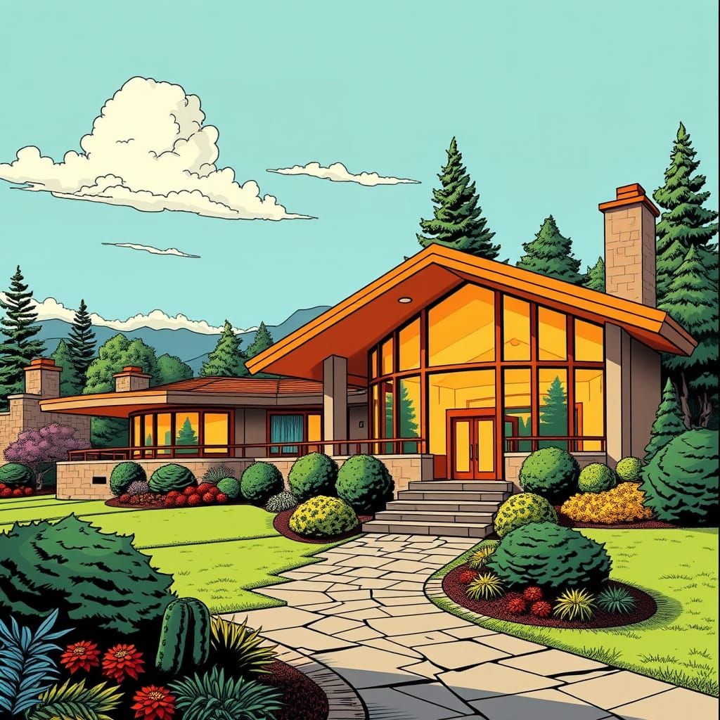 Frank Lloyd Wright House in Comic Book Art Style