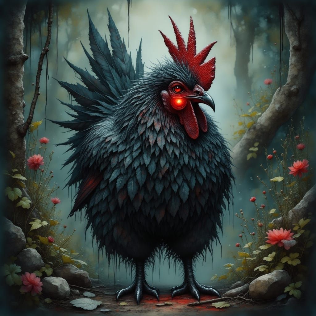 Demonic Chicken in Dark Mystical Forest