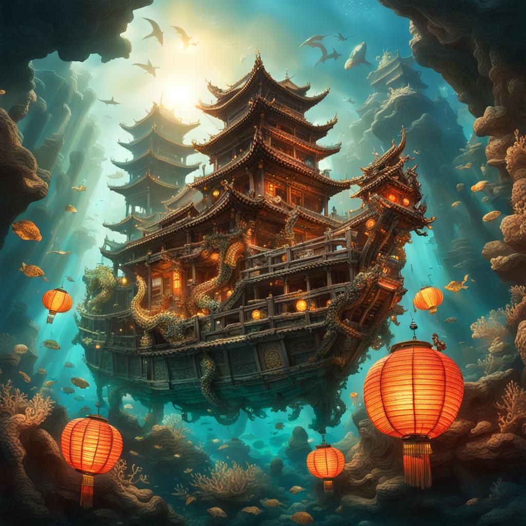 Underwater Chinese Shipwreck Metropolis with Dragon
